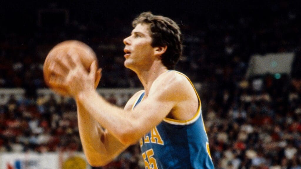 UCLA Bruins forward Kiki Vandeweghe (55) looks to shoot against the Louisville Cardinals during the 1980 NCAA National Championship game at Market Square Arena. The Cardinals defeated the Bruins 59-54.