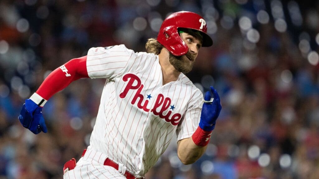 Sep 27, 2019; Philadelphia, PA, USA; Philadelphia Phillies right fielder Bryce Harper (3) runs the bases after hitting a double during the third inning against the Miami Marlins at Citizens Bank Park.