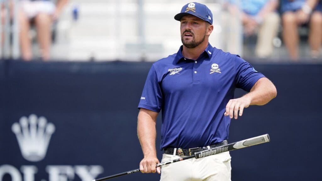 May 18, 2025; Charlotte, North Carolina, USA; Bryson DeChambeau reacts after missing a putt on the second green during the final round of the PGA Championship golf tournament at Quail Hollow.