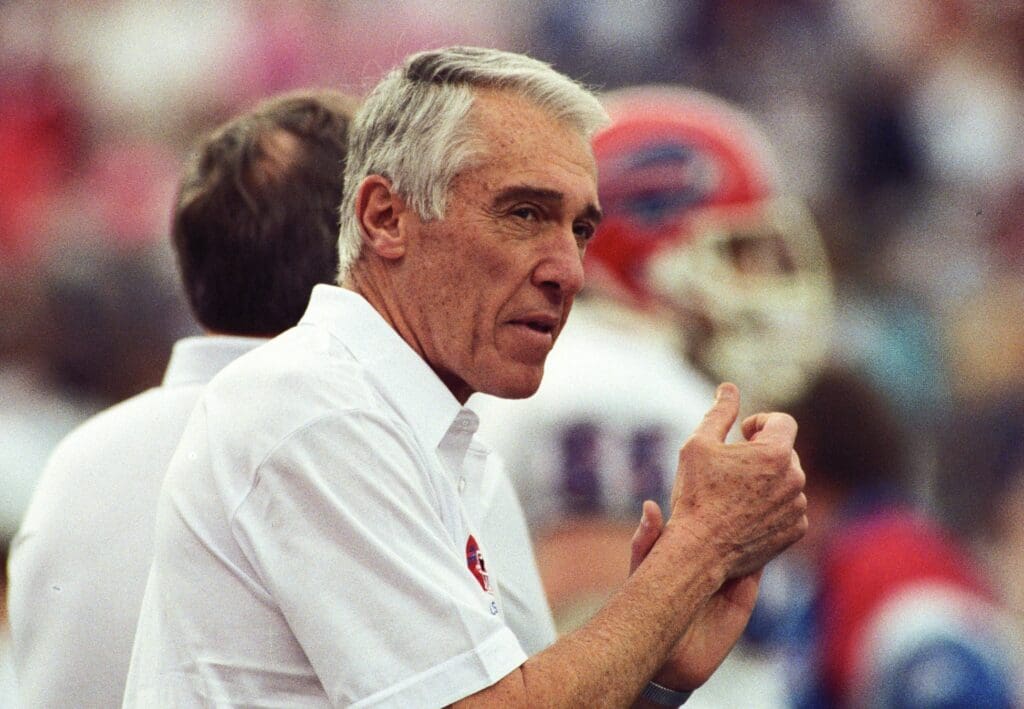 Jan 27, 1991; Tampa, FL, USA; FILE PHOTO; Buffalo Bills head coach Marv Levy on the sideline against the New York Giants during Super Bowl XXV at Tampa Stadium. The Giants defeated the Bills 19-20.