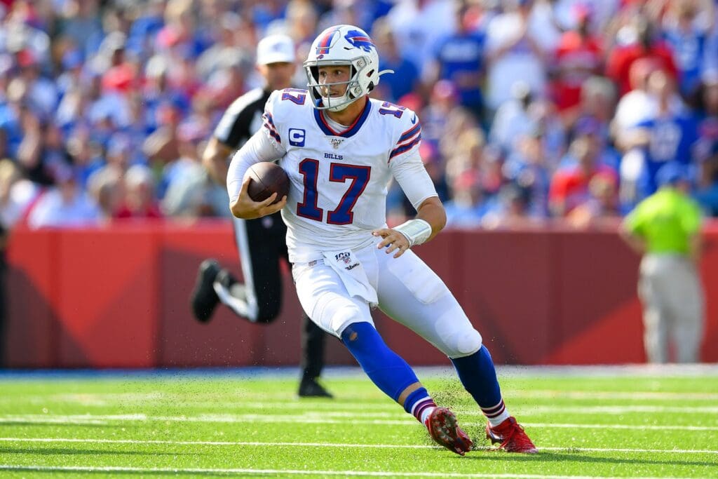 Sep 22, 2019; Orchard Park, NY, USA; Buffalo Bills quarterback Josh Allen (17) runs with the ball against the Cincinnati Bengals during the fourth quarter at New Era Field.