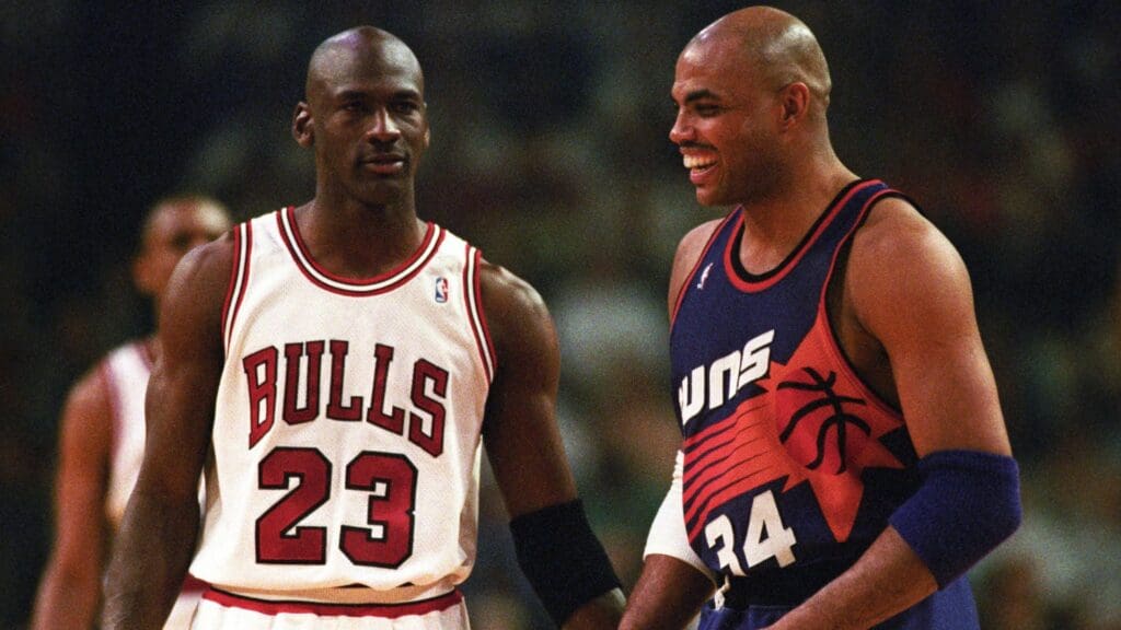 Bulls guard Michael Jordan and Suns forward Charles Barkley face off in the 1993 NBA Finals.