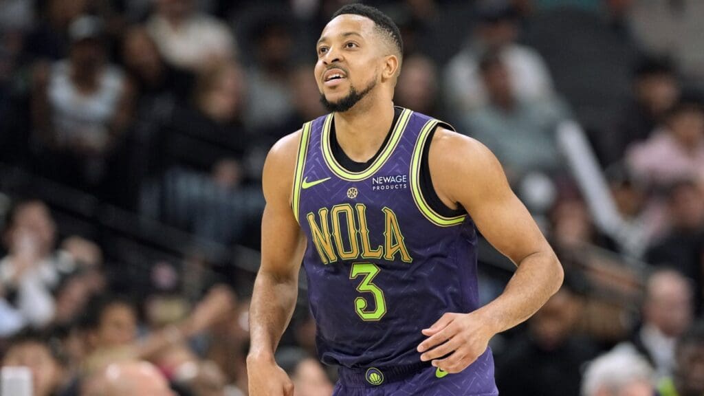 Mar 15, 2025; San Antonio, Texas, USA; New Orleans Pelicans guard CJ McCollum (3) reacts after scoring a basket during the second half against the San Antonio Spurs at Frost Bank Center. Mandatory Credit: