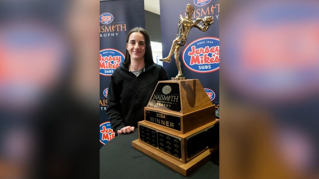 Apr 3, 2024; Cleveland, OH, USA; Caitlin Clark of Iowa poses for a photo after receiving the the award for the Naismith Women’s Player of the Year at the Cleveland Browns Stadium Key Bank Club
