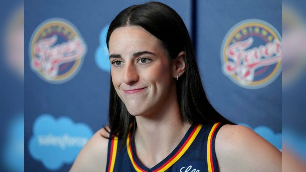 Indiana Fever guard Caitlin Clark speaks during Indiana Fever’s media day Wednesday, April 30, 2025, at Gainbridge Fieldhouse in Indianapolis.