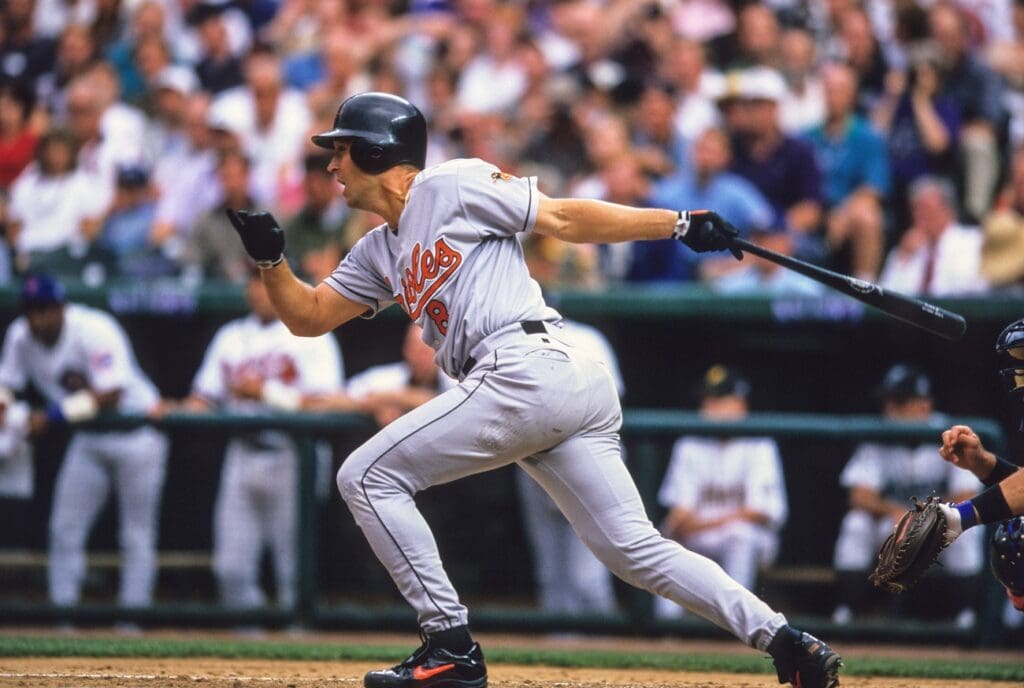 Jul 7, 1998; Denver, CO, USA; FILE PHOTO; American League third basement Cal Ripken Jr. (8) of the Baltimore Orioles at bat during the 1998 MLB All-Star Game at Coors Field.