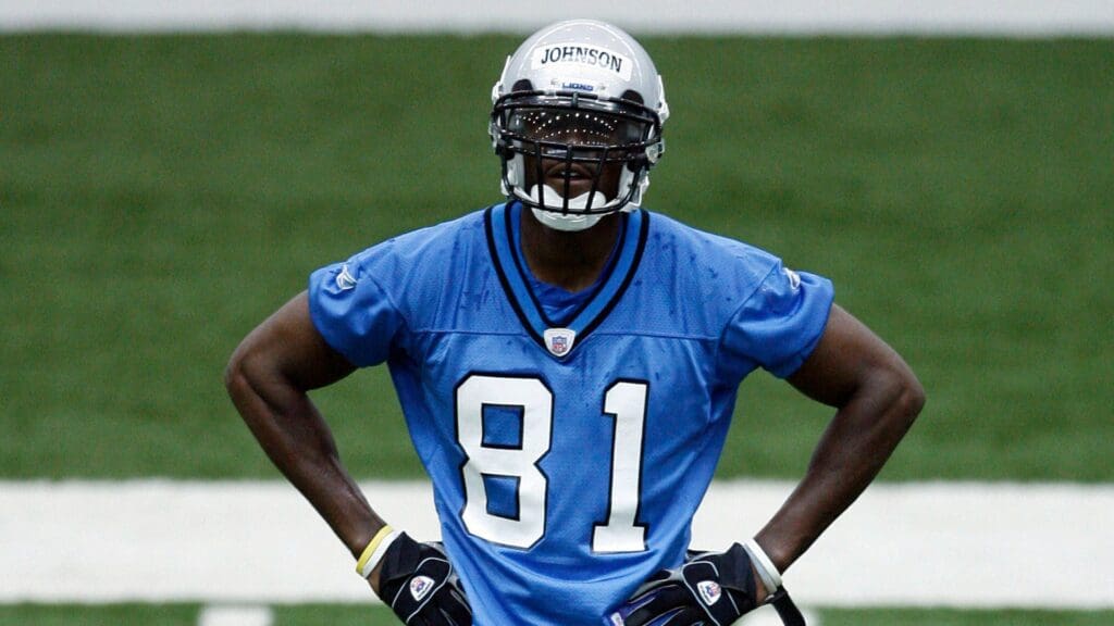 Detroit Lions first round draft pick Calvin Johnson (81) from Georgia Tech University works out during the final day of Rookie Mini-Camp at the Detroit Lions Training Facility in Alan Park.