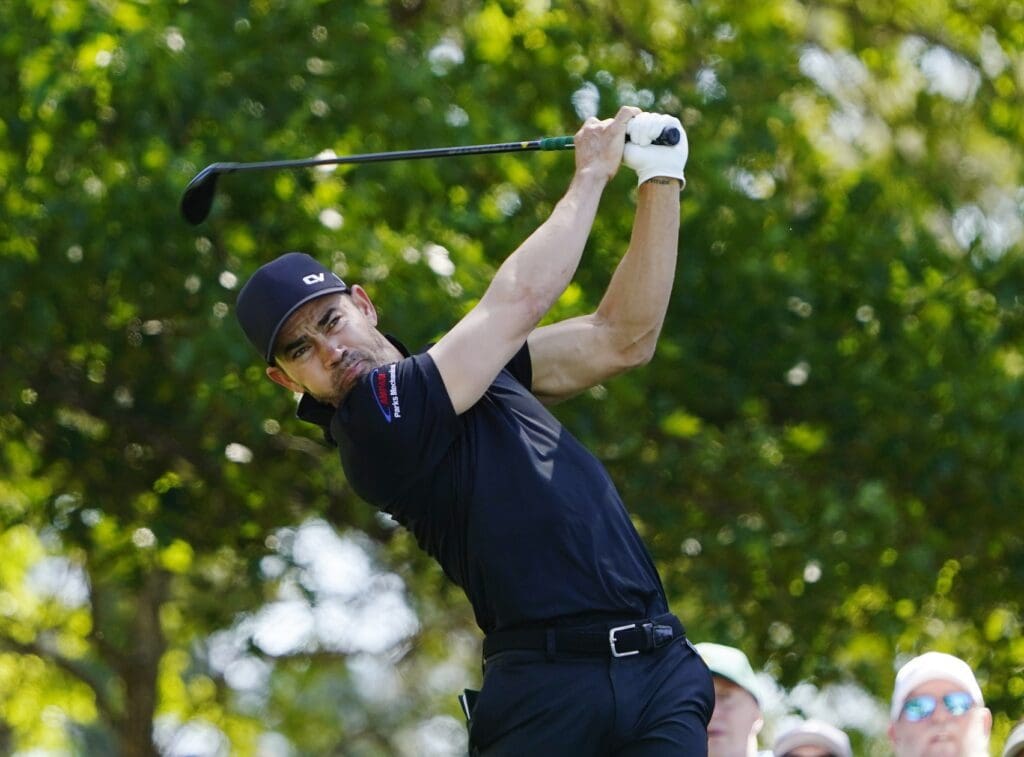 Apr 13, 2024; Augusta, Georgia, USA; Camilo Villegas tees off on No. 4 during the third round of the Masters Tournament.