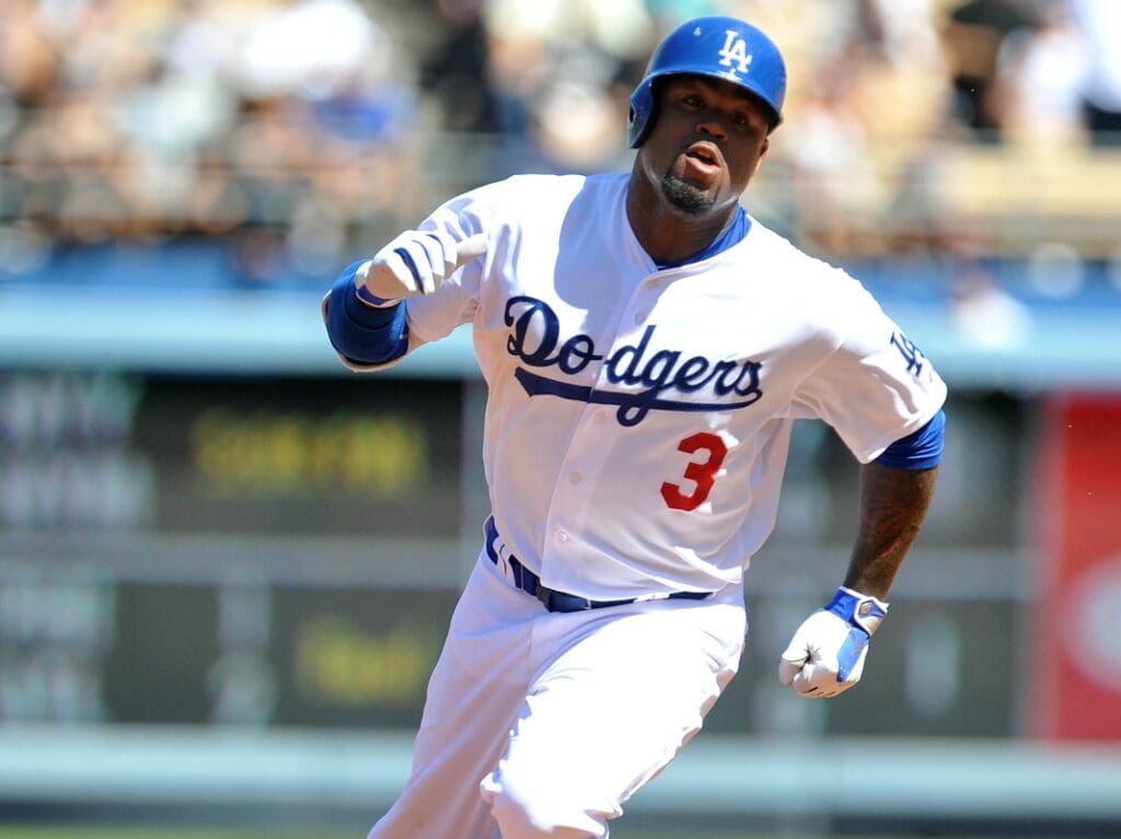 September 20, 2015; Los Angeles, CA, USA; Los Angeles Dodgers left fielder Carl Crawford (3) runs after hitting a triple in the first inning against the Pittsburgh Pirates at Dodger Stadium.