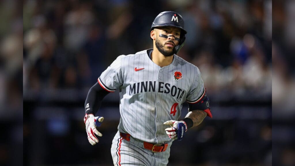 May 26, 2025; Tampa, Florida, USA; Minnesota Twins shortstop Carlos Correa (4) runs the bases after hitting a two run home run against the Tampa Bay Rays in the seventh inning at George M. Steinbrenner Field.
