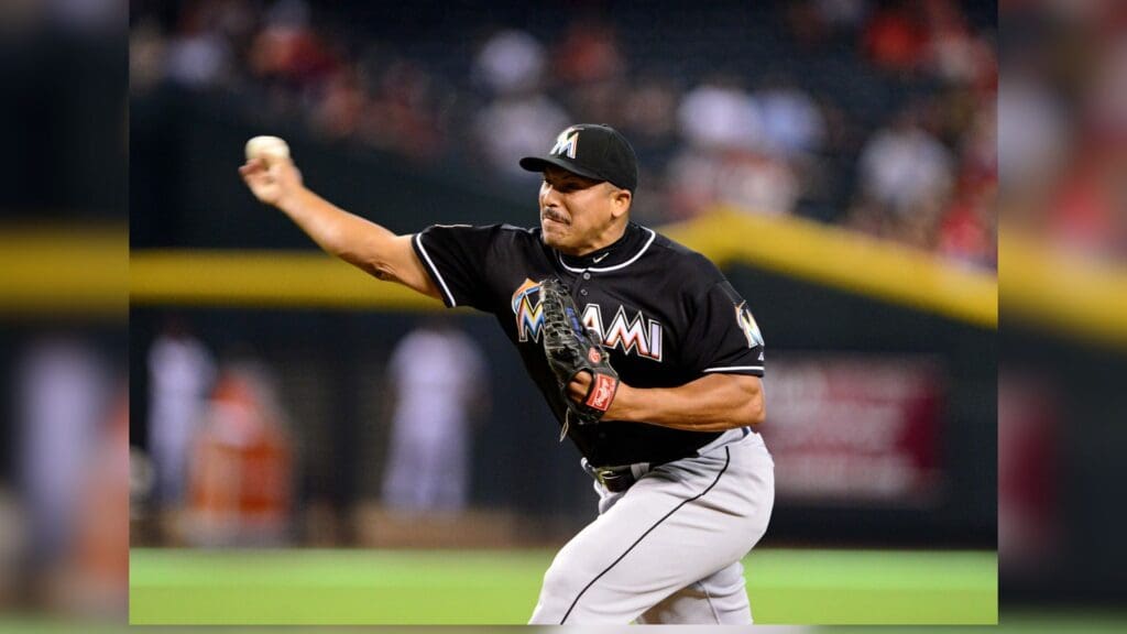 Aug. 22, 2012; Phoenix, AZ, USA: Miami Marlins pitcher Carlos Zambrano pitches in the eighth inning against the Arizona Diamondbacks at Chase Field.