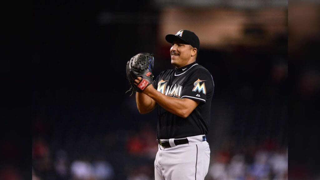 Aug. 22, 2012; Phoenix, AZ, USA: Miami Marlins pitcher Carlos Zambrano pitches in the eighth inning against the Arizona Diamondbacks at Chase Field.