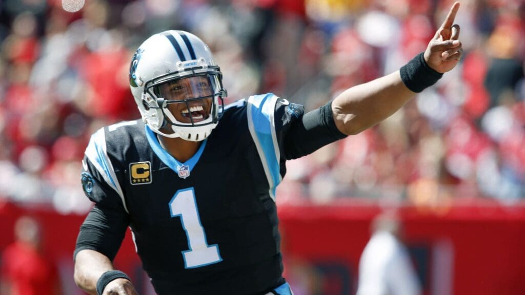 Oct 29, 2017; Tampa, FL, USA; Carolina Panthers quarterback Cam Newton (1) celebrates after a touchdown during the first quarter of a football game against the Tampa Bay Buccaneers at Raymond James Stadium.