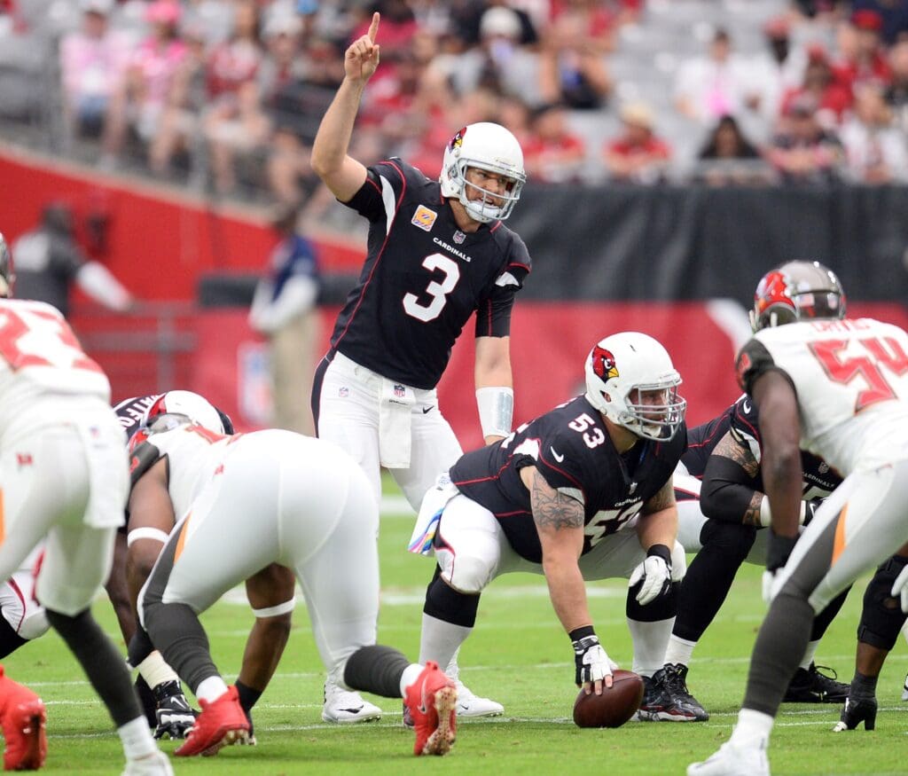 Oct 15, 2017; Glendale, AZ, USA; Arizona Cardinals quarterback Carson Palmer (3) against the Tampa Bay Buccaneers at University of Phoenix Stadium. Mandatory Credit: Joe Camporeale-USA TODAY Sports