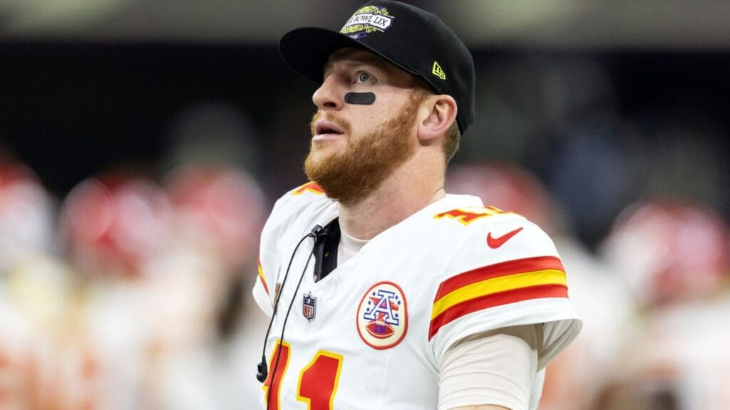 Feb 9, 2025; New Orleans, LA, USA; Kansas City Chiefs quarterback Carson Wentz (11) against the Philadelphia Eagles in Super Bowl LIX at Ceasars Superdome.