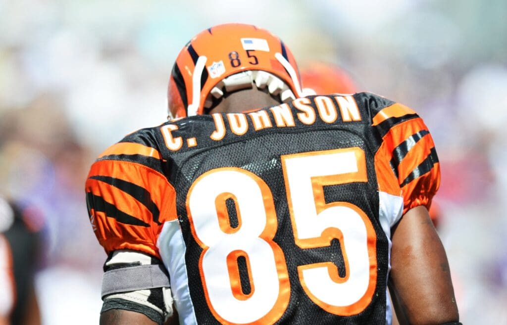 Sept 7, 2008; Baltimore, MD, USA; Cincinnati Bengals wide receiver Chad Johnson (85) walks back to the sideline in the second quarter at M&T Bank Stadium. Chad Johnson legally changed his name to Chad Ocho Cinco this week but the NFL informed the Bengals that there are issues needed to be resolved before he can wear his new name on his jersey.