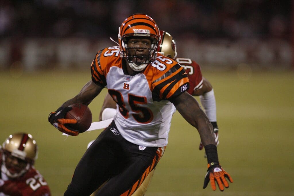 Dec 15, 2007; San Francisco, CA, USA; Cincinnati Bengals wide receiver Chad Johnson (85) looks to run after making a catch near the sideline against the San Francisco 49ers during the fourth quarter at Monster Park in San Francisco, CA. The San Francisco 49ers defeated the Cincinnati Bengals 20-13. 