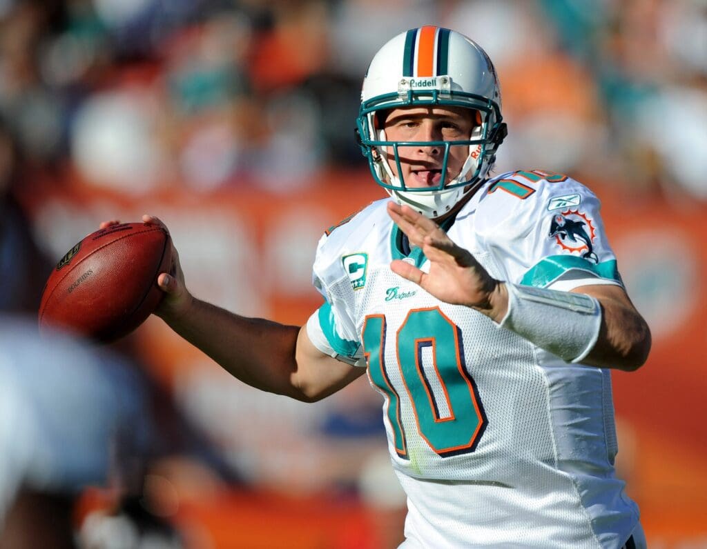 Nov 16, 2008; Miami, FL, USA; Miami Dolphins quarterback Chad Pennington (10) throws a pass in the fourth quarter of the Dolphins 17-15 victory against the Oakland Raiders at Dolphin Stadium.