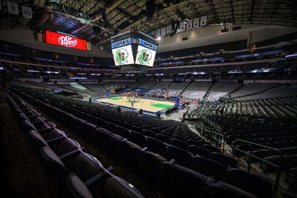 Dec 30, 2020; Dallas, Texas, USA; A view of the empty seats in the arena at the tipoff between the Dallas Mavericks and the Charlotte Hornets at the American Airlines Center.
