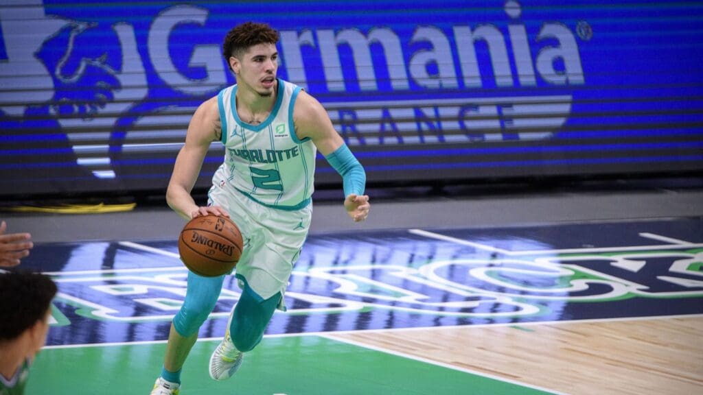 Dec 30, 2020; Dallas, Texas, USA; Charlotte Hornets guard LaMelo Ball (2) in action during the game between Charlotte Hornets and the Dallas Mavericks at the American Airlines Center.