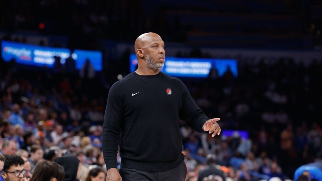 Mar 7, 2025; Oklahoma City, Oklahoma, USA; Portland Trail Blazers head coach Chauncey Billups gestures to his team as they play against the Oklahoma City Thunder during the second half at Paycom Center.