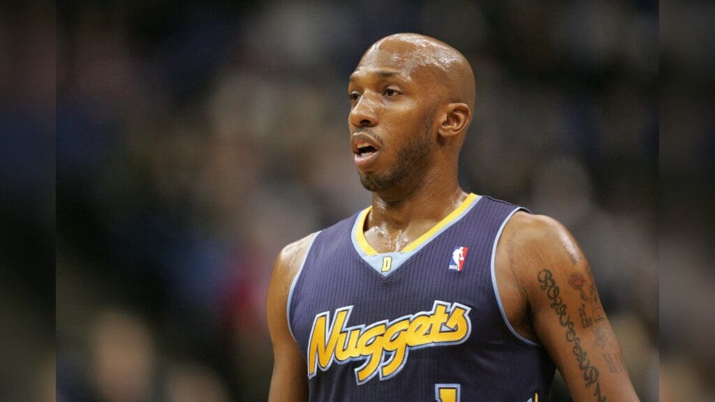 Feb 5, 2011; Minneapolis, MN, USA; Denver Nuggets guard Chauncey Billups (1) looks on during a free throw in the first half against the Minnesota Timberwolves at Target Center.