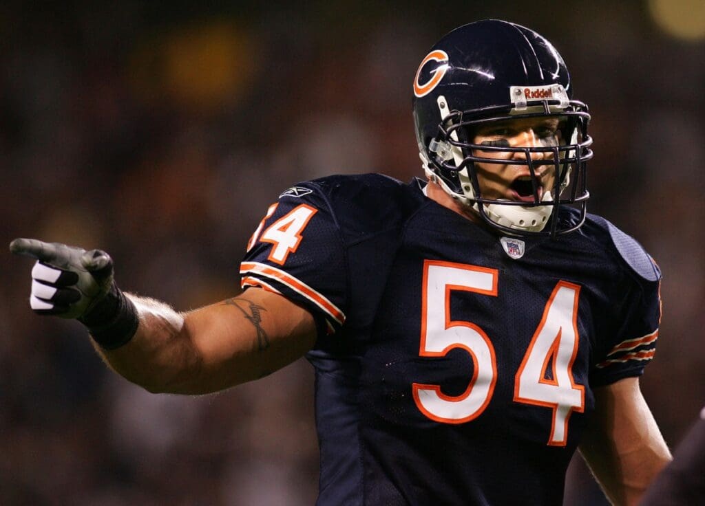 Oct 1, 2006; Chicago, IL, USA; Chicago Bears linebacker (54) Brian Urlacher talks with a referee during the second quarter at Soldier Field in Chicago, IL. The Bears beat the Seahawks 37-6.