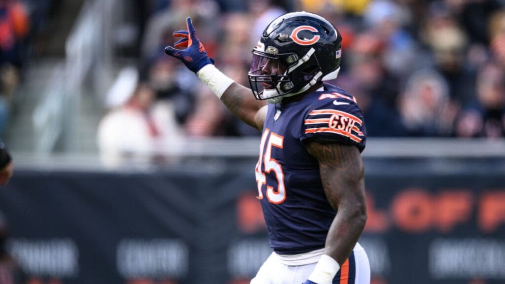 Nov 13, 2022; Chicago, Illinois, USA; Chicago Bears linebacker Joe Thomas (45) celebrates blocking a pass in the first quarter against the Detroit Lions at Soldier Field.