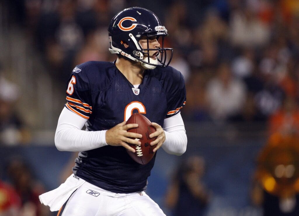 Aug 21, 2010; Chicago, IL, USA; Chicago Bears quarterback Jay Cutler drops back to pass during the first quarter of a preseason game against the Oakland Raiders at Soldier Field.