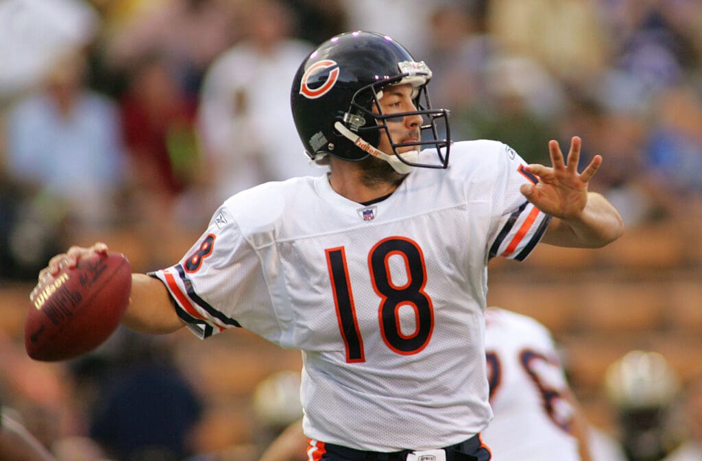 Nov. 6, 2005; Baton Rouge, LA, USA; Chicago Bears quarterback Kyle Orton (18) looks to throw against the New Orleans Saints in the first half of action at Louisiana State University's Tiger Stadium. This was the Saints second game back in Louisiana at LSU since Hurricane Katrina.