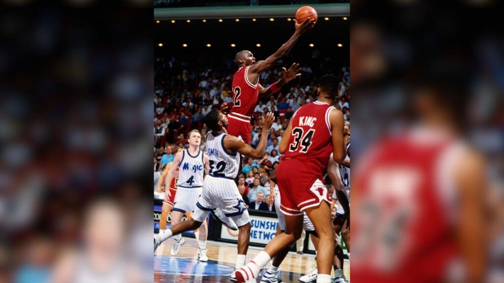 Feb 14, 1990; Orlando, FL, USA; FILE PHOTO; Chicago Bulls guard Michael Jordan (12) in action against the Orlando Magic at the Orlando Arena. Jordan wore #12 for the first time as his jersey was missing prior to the game