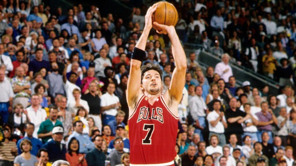 Jun 1996; Seattle, WA USA; FILE PHOTO; Chicago Bulls guard Toni Kukoc (7) takes a jump shot against the Seattle Supersonics during the 1996 NBA Finals at Key Arena.