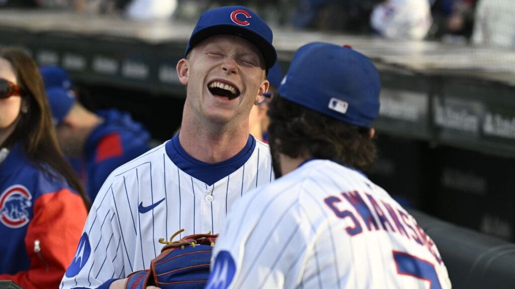 May 12, 2025; Chicago, Illinois, USA; Chicago Cubs outfielder Pete Crow-Armstrong (4) and Chicago Cubs shortstop Dansby Swanson (7) laugh before the team’s game against the Miami Marlins at Wrigley Field