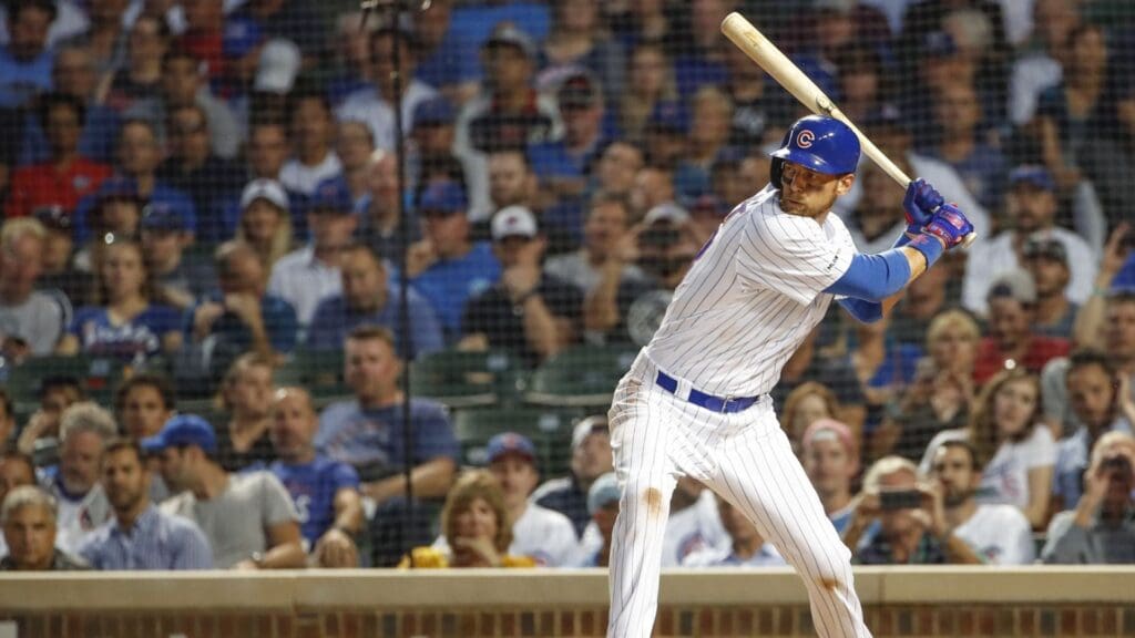 Sep 3, 2019; Chicago, IL, USA; Chicago Cubs right fielder Ben Zobrist (18) bats against the Seattle Mariners during the first inning at Wrigley Field