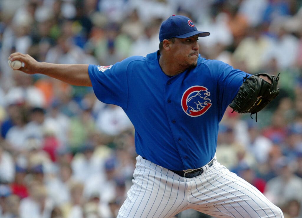 Aug 28, 2005; Chicago, IL, USA; Chicago Cubs starting pitcher #38 Carlos Zambrano delivers a pitch during the second inning at Wrigley Field. The Cubs defeated the Marlins 14-3.