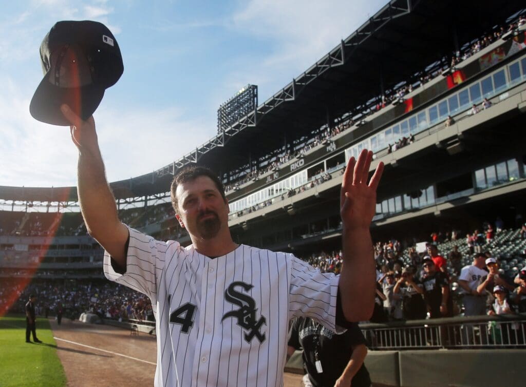 Sep 28, 2014; Chicago, IL, USA; Chicago White Sox first baseman Paul Konerko (14) waves to fans in the stands after the game against the Kansas City Royals at U.S Cellular Field.