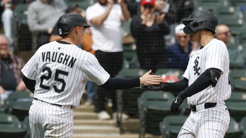 May 1, 2025; Chicago, Illinois, USA; Chicago White Sox third baseman Miguel Vargas (20) celebrates with first baseman Andrew Vaughn (25) after hitting a three-run home run against the Milwaukee Brewers during the sixth inning at Rate Field.