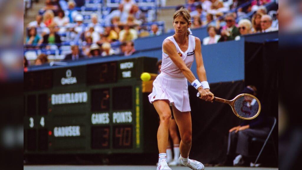 Unknown date, 1982; New York City, New York, USA: FILE PHOTO; Chris Evert (USA) looks to hit a backhand groundstroke during the 1982 US Open at the USTA National Tennis Center