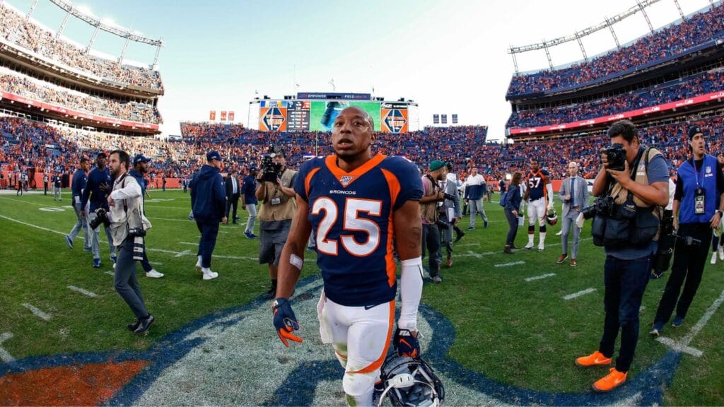 Oct 13, 2019; Denver, CO, USA; Denver Broncos cornerback Chris Harris Jr. (25) after the game against the Tennessee Titans at Empower Field at Mile High.