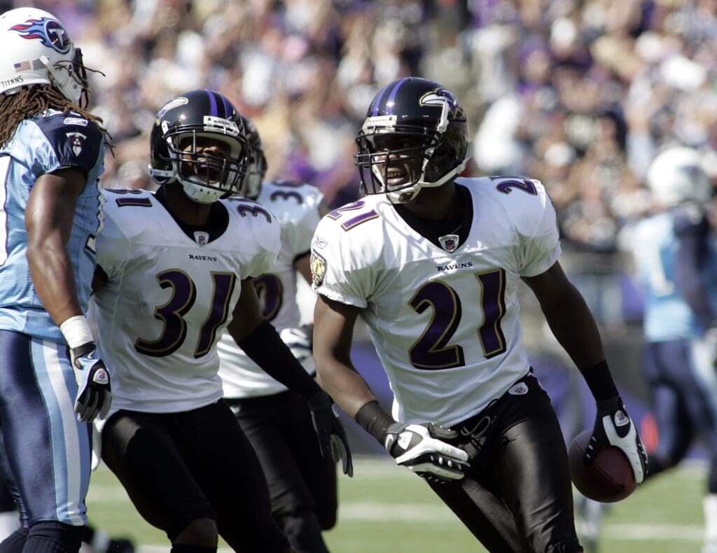 October 5, 2008; Baltimore, MD, USA; Baltimore Ravens cornerback Chris McAlister (21) celebrates his second quarter interception against the Tennessee Titans at M&T Bank Stadium.
