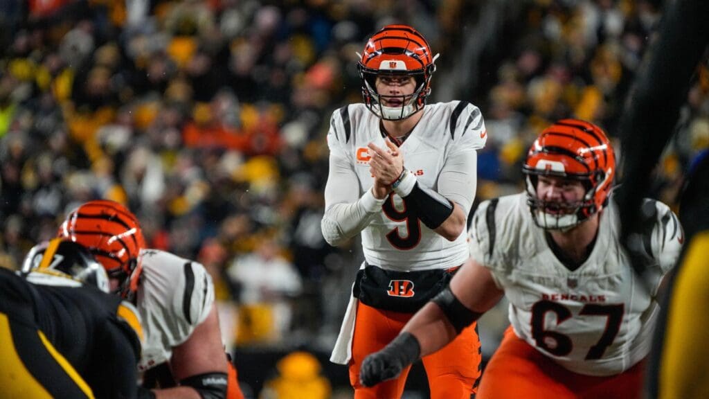 Bengals Joe Burrow (9) gets ready for a play during their game against the Steelers at Acrisure Stadium on Saturday January 4, 2025. The Bengals won the game with a final score of 19-17.