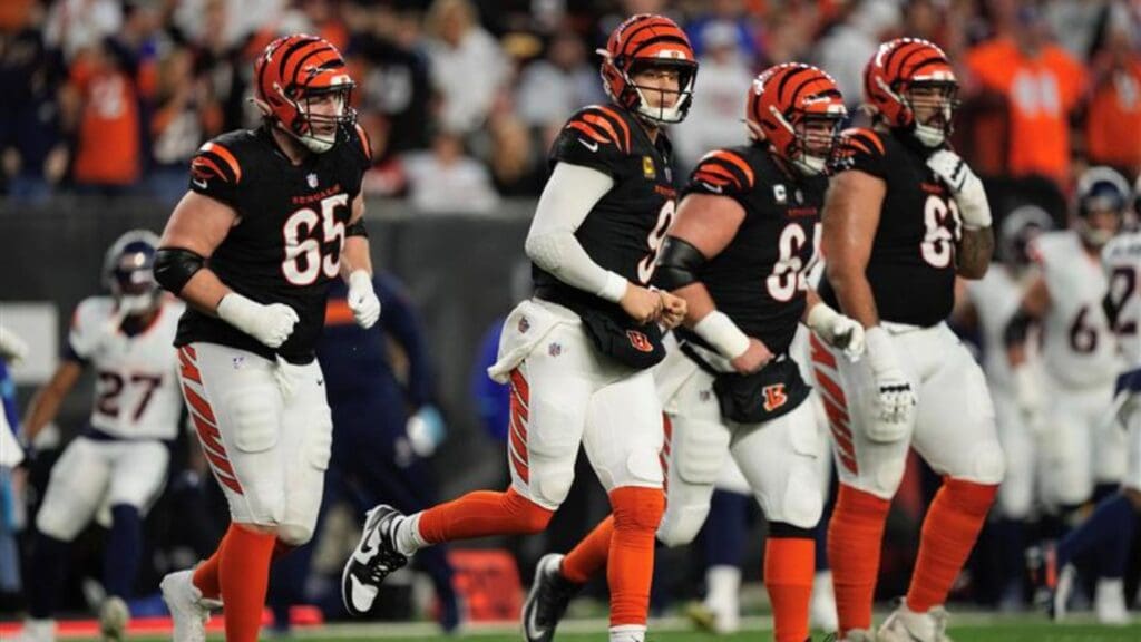 Joe Burrow (9) looks on during the Cincinnati Bengals' Dec. 28 game against the Denver Broncos at Paycor Stadium.
