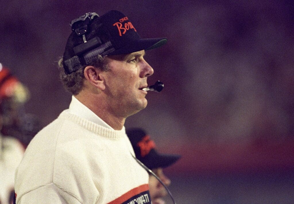 Jan 22, 1989; Miami, FL, USA; FILE PHOTO; Cincinnati Bengals head coach Sam Wyche on the sideline during Super Bowl XXIII against the San Francisco 49ers at Joe Robbie Stadium. The 49ers defeated the Bengals 20-16.