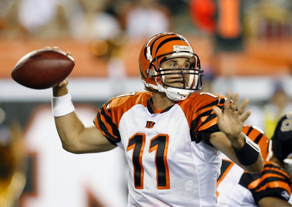Aug 18, 2007; Cincinnati, OH, USA; Cincinnati Bengals quarterback Doug Johnson (11) throws against the New Orleans Saints at Paul Brown Stadium.