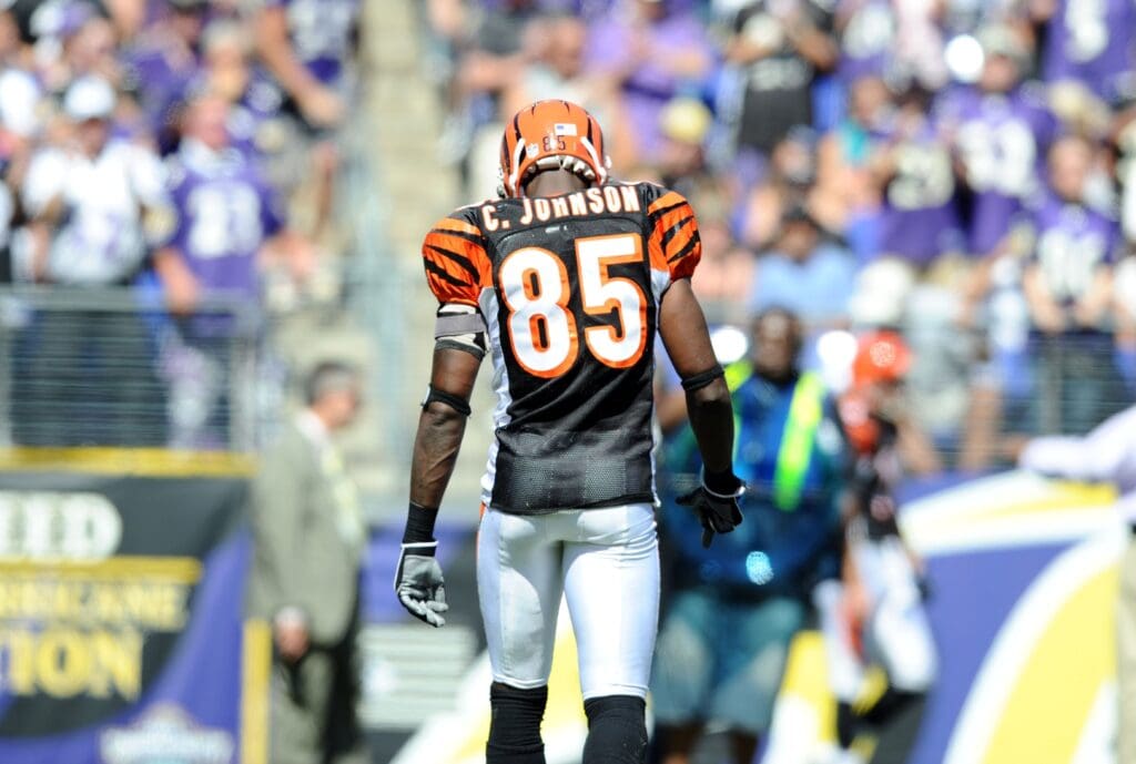 Sept 7, 2008; Baltimore, MD, USA; Cincinnati Bengals wide receiver Chad Johnson (85) during the first half against the Baltimore Ravens at M&T Bank Stadium. Chad Johnson legally changed his name to Chad Ocho Cinco but the NFL informed the Bengals that there are issues needed to be resolved before he can wear his new name on his jersey