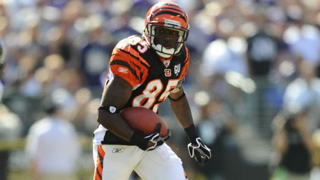 Sept 7, 2008; Baltimore, MD, USA; Cincinnati Bengals wide receiver Chad Johnson (85) carries the ball after a reception in the second half against the Baltimore Ravens at M&T Bank Stadium.