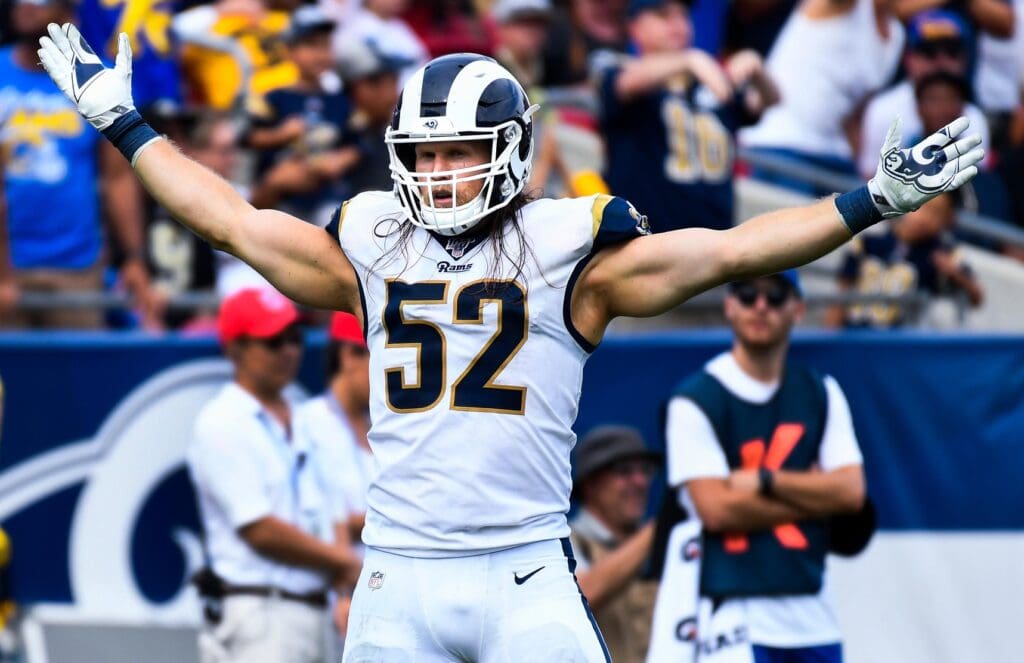Sep 15, 2019; Los Angeles, CA, USA; Los Angeles Rams outside linebacker Clay Matthews (52) celebrates tackling New Orleans Saints quarterback Teddy Bridgewater (not pictured) for a loss during the 3rd quarter at Los Angeles Memorial Coliseum.