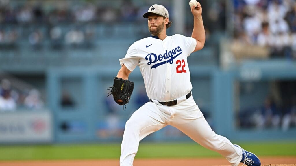 May 17, 2025; Los Angeles, California, USA; Los Angeles Dodgers pitcher Clayton Kershaw (22) pitches in the first inning against the Los Angeles Angels at Dodger Stadium. Mandatory Credit: Jonathan Hui-Imagn Images