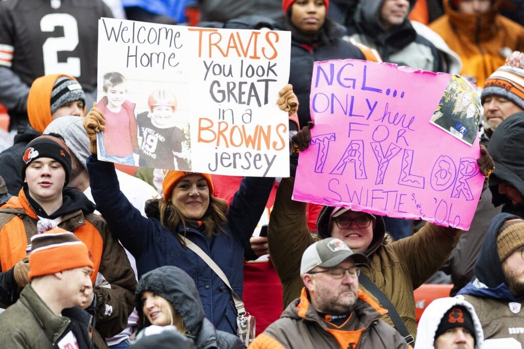 Cleveland Browns fans hold up signs for Taylor Swift (not pictured) during the second quarter between the Cleveland Browns and the Kansas City Chiefs at Huntington Bank Field.