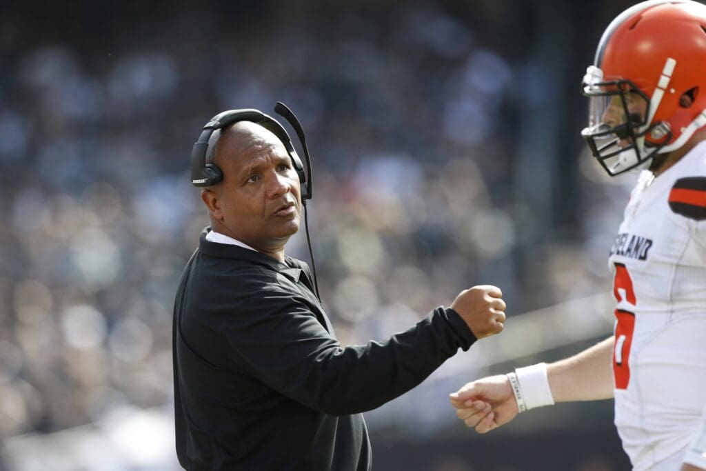 Sep 30, 2018; Oakland, CA, USA; Cleveland Browns head coach Hue Jackson congratulates quarterback Baker Mayfield (6) after the Browns scored a touchdown against the Oakland Raiders in the second quarter at Oakland Coliseum.